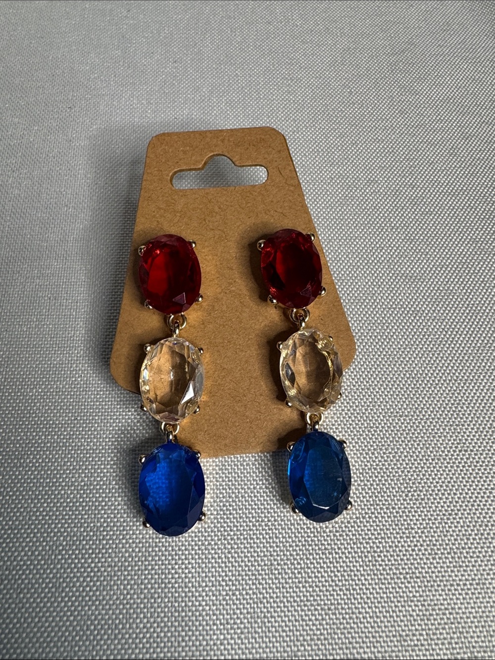 Triple-Stone Drop Earrings in Red, Clear, and Blue by